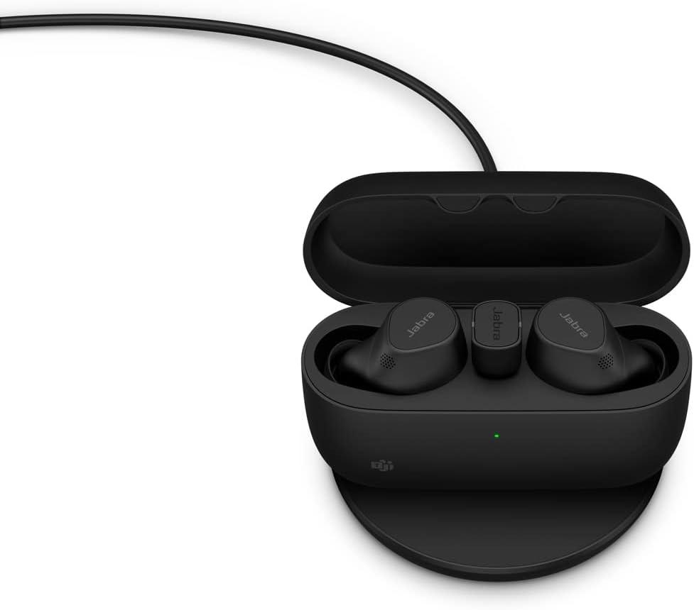 Jabra Evolve2 True Wireless in-Ear Bluetooth Earbuds with Wireless Charging Pad - Active Noise Cancellation, MultiSensor Voice Technology - MS Teams Certified, Works with All Other Platforms - Black, With USB-C Dongle