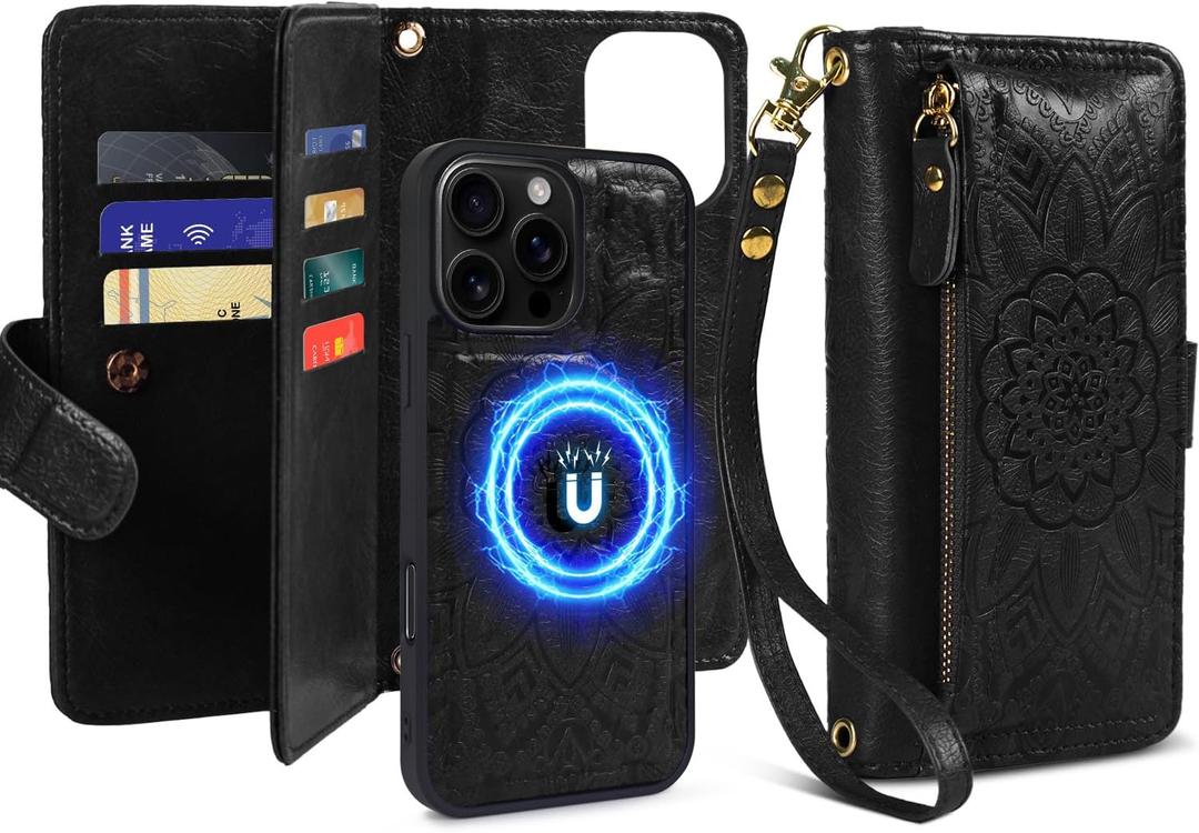 Harryshell for iPhone 15 Pro 6.1 inch Detachable Magnetic Case Wallet,Compatible with Magsafe Wireless Charging, [ RFID Blocking ] Card Slots, Cash Zipper Pocket Wrist Strap (Floral Black)
