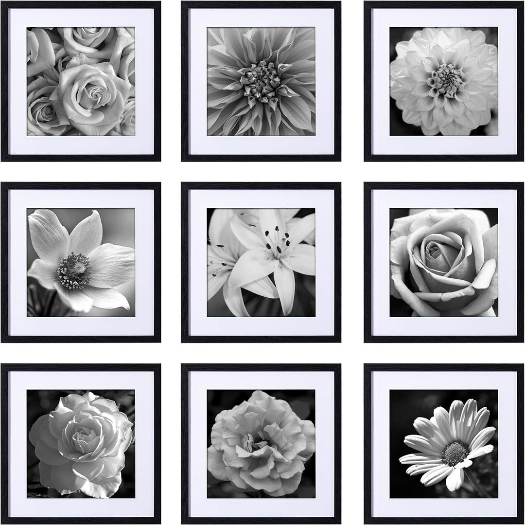 eletecpro 20x20 Picture Frames Set of 9 Classic Gallery Wall Frame Set, Displays 16x16 or 20x20 without Mat, Black Picture Frames Collage Wall Decor, Big Frames for Home Decor