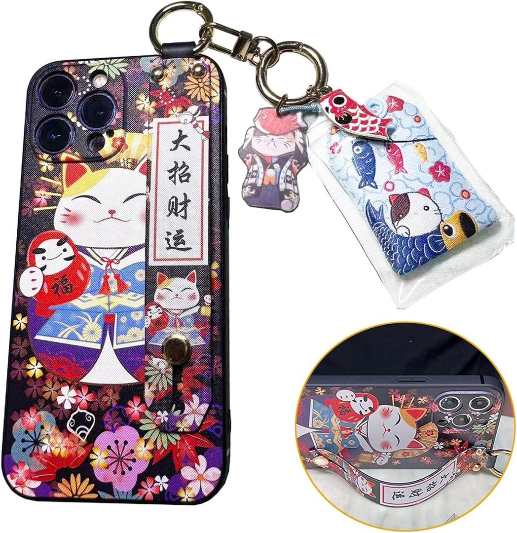 Compatible with iPhone 7/8 Plus Case with Phone Lanyard, 5.5 inch Cute Japanese Lucky Cat Design, Glitter Luxury Soft Silicone 3D Emboss Phone Case 7/8 Plus with Wrist Strap (iPhone 7/8 Plus, Black)