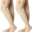 2 Pairs Open Toe Thigh High Zipper Compression Socks 20-30 mmHg Zipper Compression Stockings for Women Men Swelling Edema (Skin Color, Large)