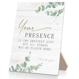 RUNMESS Wedding Engagement Wooden Stand 5x7 Inch,Your Presence Is The Greatest Gift Wooden Sign,Bridal Shower Table Sign,Wedding Reception Decor