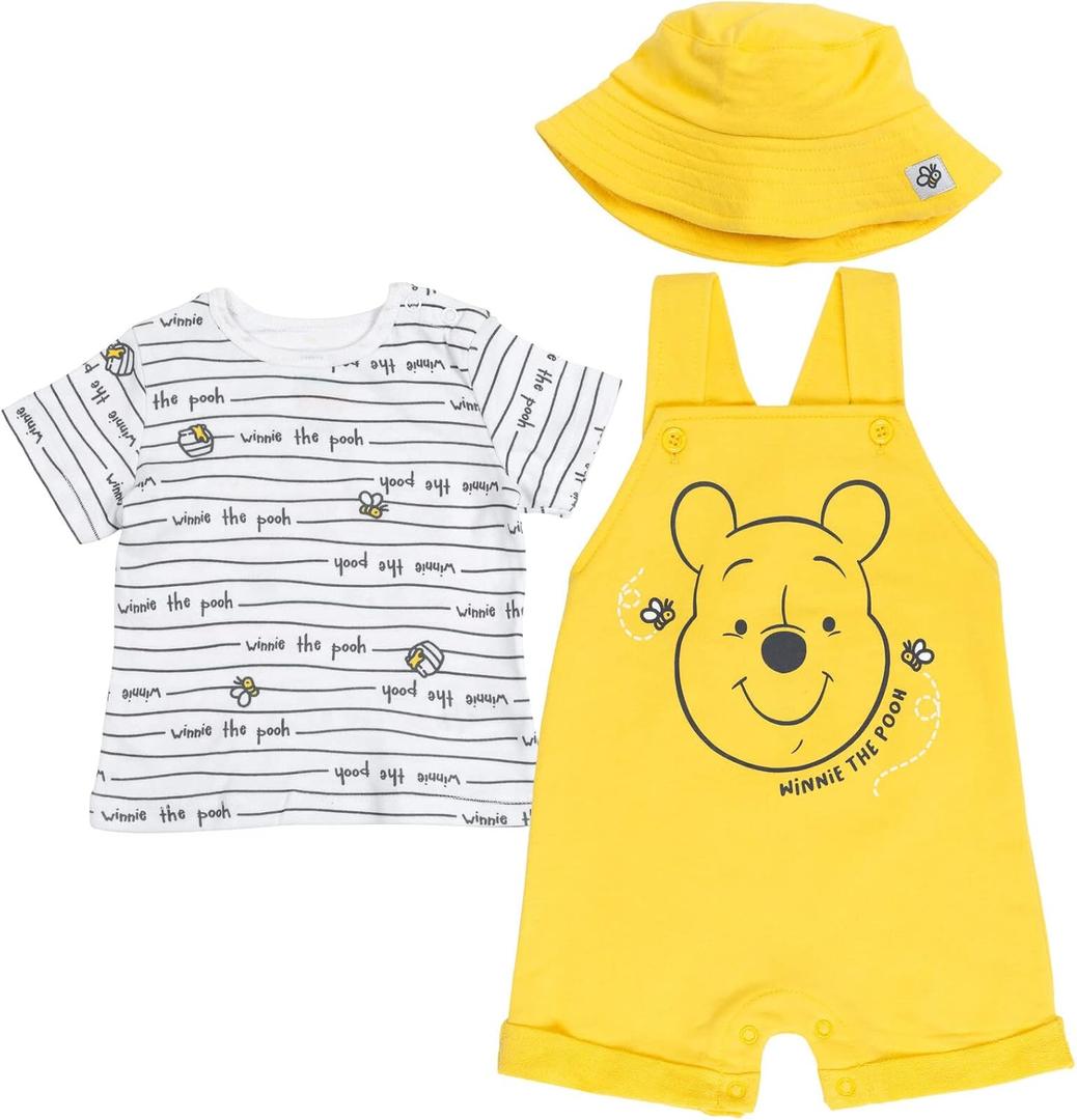 Disney Winnie the Pooh Baby Boys' Outfit Set 3 Piece Shortall Tee and Hat Newborn to Infant (Yellow)