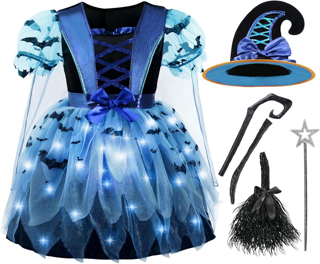 Spooktacular Creations Girls Light Up Witch Costume, Kids Witch Costume with Hat and Broom for Toddler Halloween Dress Up Parties, Blue (Toddler (3-4yr))