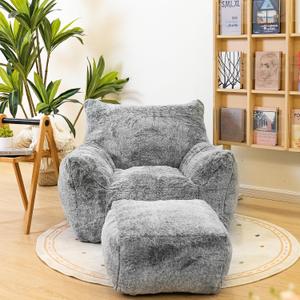 Cvortll Bean Bag Chair with Ottoman, Armrest Bean Bag Chairs with Filler, Ultra Soft Fluffy Faux Fur Bean Bag Chair with Foot Rest, Plush Lazy Sofa with Foot Stool for Living Room, Dorm, 37.4 inches x 37.4 inches x 27.16 inches
