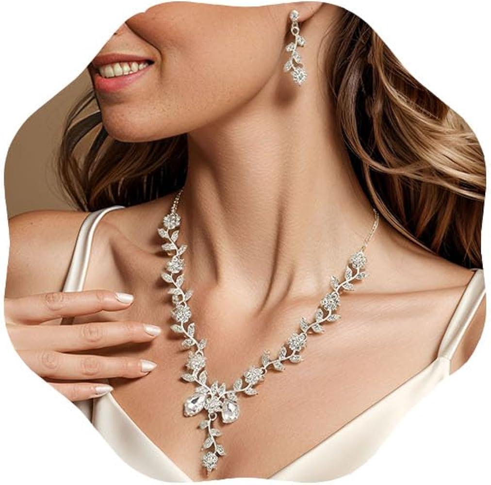CASOLVX Silver Bridal Necklace Earrings Set Rose Flower Crystal Elegant Wedding Jewelry Set Rhinestone Choker Necklace for Women (Set of 3)