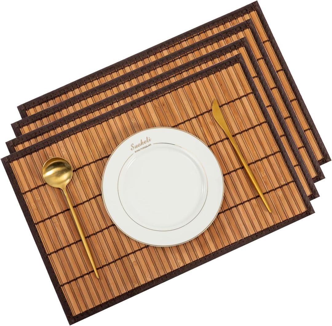 Bamboo Placemats with Fabric Border Set of 4 Natural Bamboo Rectangular Rolling Table Mats for Dining Kitchen Table Heat Resistant Table Protection Brown