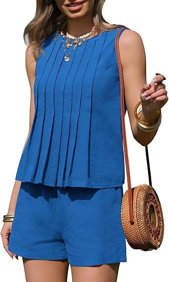 EXLURA Linen Sets for Women 2 Piece Sleeveless Pleated Babydoll Tops Casual Matching Short Set Summer Beach Vacation Outfits XS