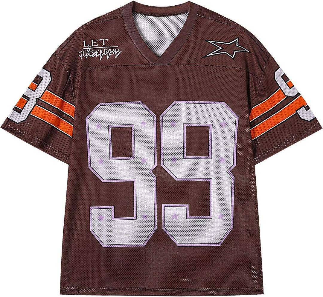 Oversized Jersey Shirts for Men Women Graphic Tees Y2k Tops V Neck Short Sleeve Summer Fall Tshirts Fashion Clothes (Medium, Brown)