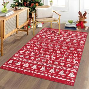 SHACOS Christmas Area Rug 3x5ft Red Snowflakes Christmas Tree Deer Xmas Holiday Decor Non Slip Soft Washable Christmas Decorative Rug Living Room Indoor Accent Rug Entrance Carpet Bedroom Entryway