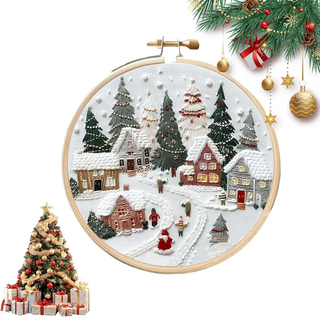 AZKRWFLM Christmas Village Embroidery Kit for Adults  DIY Winter Snow Scene Hand Embroidery Set with Pattern Manual, Holiday Decor Craft Kit for Beginners,