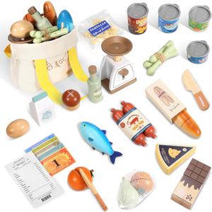 Wooden Play Food Set for Kids Toddlers, Grocery Store Pretend Play Food, Pretend Grocery Shopping & Play Kitchen Accessories for Boys Girls