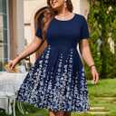 IN'VOLAND Womens Plus Size Summer Dress Short Sleeve Casual Mini Dresses Empire Waist T-Shirt Dress with Pockets (Blue). M Size