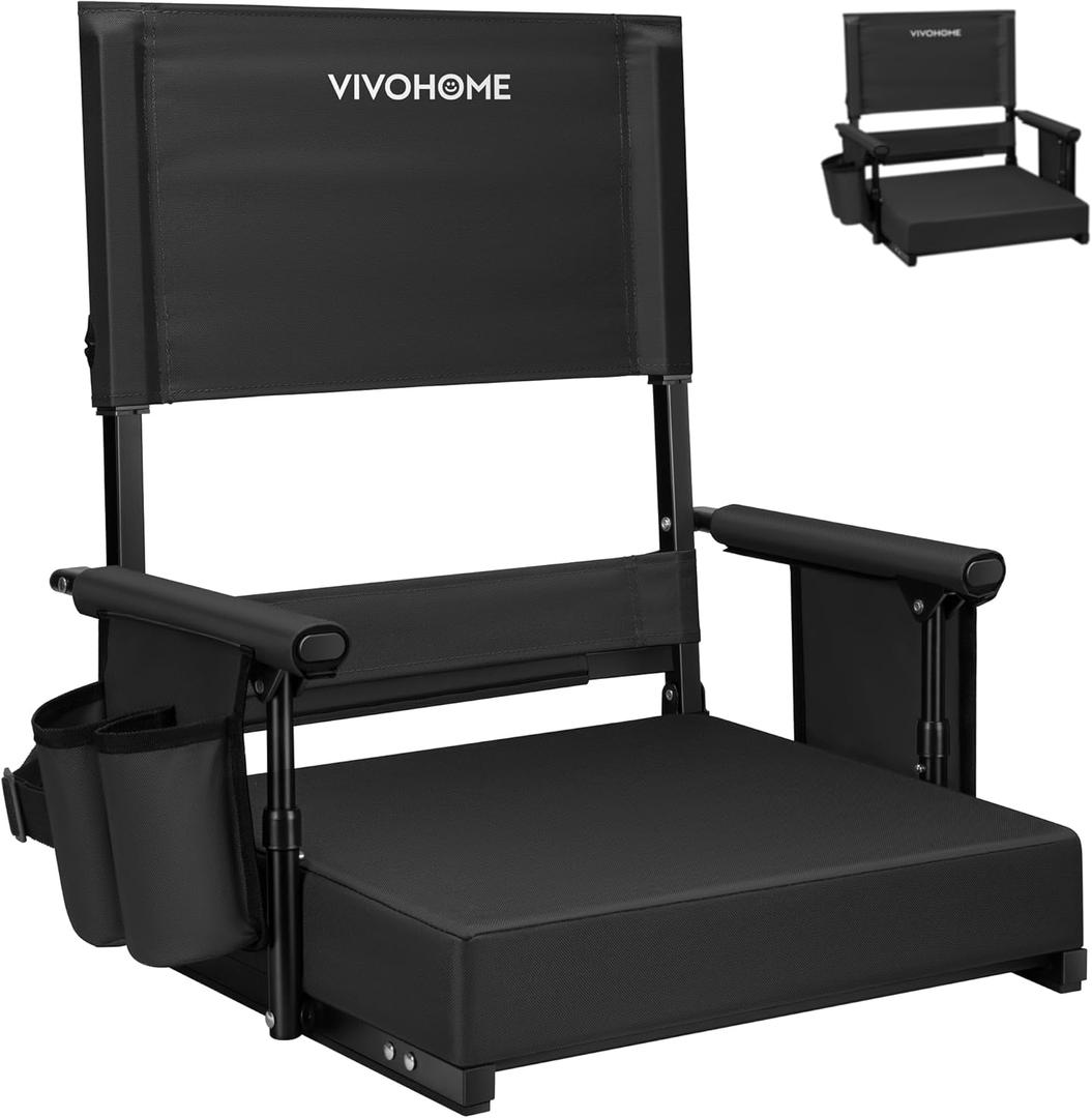 VIVOHOME Height Adjustable High Back Stadium Seat with Back Support and Cushion, Portable Bleacher Chair with Cup Holder and Shoulder Strap, Black