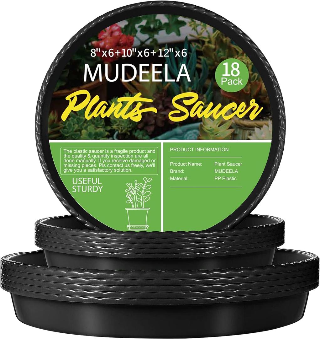 MUDEELA 18 Pack Plant Saucers for Indoor & Outdoor of 8 Inch & 10 Inch & 12 Inch, Durable Plastic Round Plant Tray Dish Plate to Catch Water for Plant & Flower Pot, No Hole, Thicker, Deeper, Black