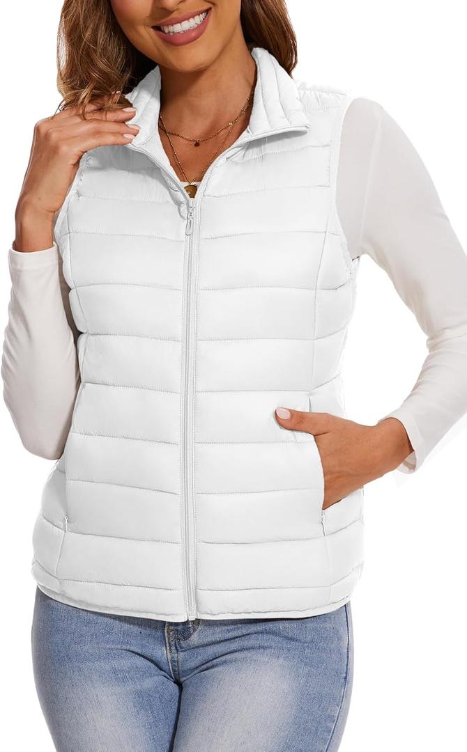 SMENG Women's Lightweight Quilted Puffer Vest Sleeveless Stand Collar Zip-Up Padded Outerwear Gilet (Large, White)