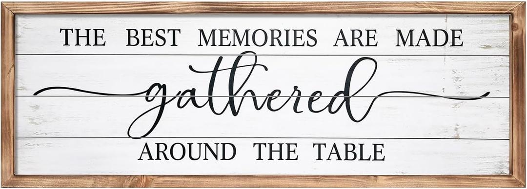 42x15 Inch Wooden Wall Art with Title The Best Memories Are Made Gathered Around The Table, Rustic Farmhouse Dining Room Wall Decor, Large Framed Kitchen Wall Art for Home Decor, Wooden Sign for Above Dining Table(White)