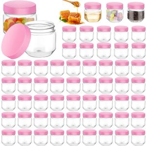 Tanlade 60 Pcs 3 oz Clear Plastic Jars with Lids Wide Mouth Mason Jars Mini Storage Containers Bulk for Herb Jelly Wedding Valentine Favors Shower Party Favors(Pink)