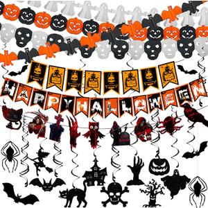 Halloween Decor Indoor - Hanging Swirl Ceiling & Wall Party Decor with Bats, Spiders, Pumpkins, Skulls, Ghosts Banner Halloween Decorations Indoor Outdoor Supplies