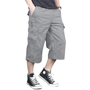 MAGNIVIT Men's Capri Long Elastic Cargo Shorts Below Knee Shorts 3/4 Cotton Cargo Casual Shorts with Multi-Pockets (Light Grey, M/L)