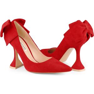 Zzheels Women's Bow High Heels Closed Toe Heels with Bow Chunky Heels Bridal Wedding Shoes Red Suede US Size 6
