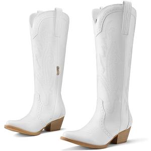 Rollda Cowboy Boots for Women Cowgirl Boots Embroidered Knee-High Western Boots Pointy Toe with Chunky Heel