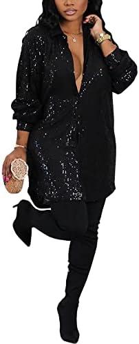 Midi Sequin Dress for Women Sparkle Button Down Sexy Shirt Dresses Long Sleeve Party Club Dress, XXXL