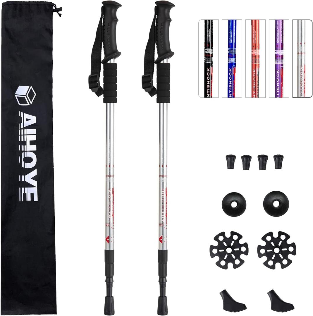 Aihoye Hiking Trekking Poles, 2 Pack Collapsible, Lightweight, Anti Shock, Walking Sticks, Adjustable Hiking Pole for Men and Women (silver)