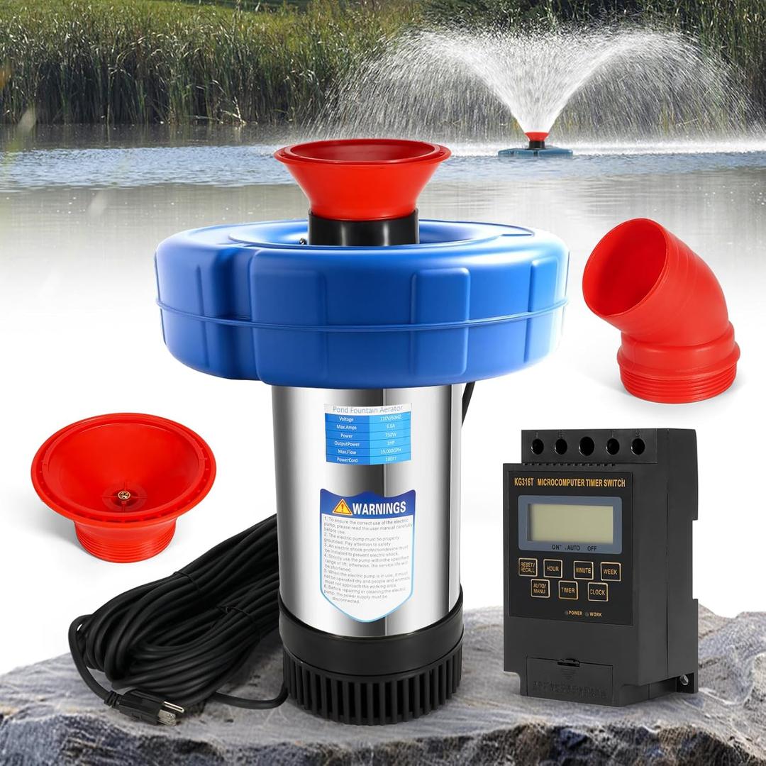 Pond Fountain Aerator, 1HP 110V 750W Floating Water Pump Fit for Large Small Outdoor Ponds Lakes w/ 100 FT Power Cord Timer 15000 GPH - Replace 30 ft Diameter Aerating Outdoor Ponds Pond Fountain Aerator, 1HP 110V 750W Floating Water Pump Fit for Large Small Outdoor Ponds Lakes w/ 100 FT Power Cord Timer 15000 GPH - Replace 30 ft Diameter Aerating Outdoor Ponds