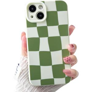 NITITOP Compatible with iPhone 13 Case Cute Aesthetic Checkerboard Larger Blocks Pattern for Women Girl Trendy Slim Fit TPU Silicone Shockproof Full Camera Protection Cover - Green
