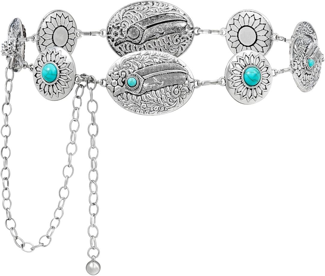 Kajeer Western Chain Belts, Women Concho Belt Turquoise Cowgirl Country Silver Country Waist Belts for Dresses Jean (43.5"(23"+extended chain 20.5"))