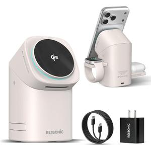 3 in 1 Wireless Charging Station for iPhone 17/16/15/14/13/12 Pro Max, Qi 2 Certified 15W Fast Charging Magnetic Charger Stand for Magsafe Phone, AirPods, Smart Watch (Desert Color)