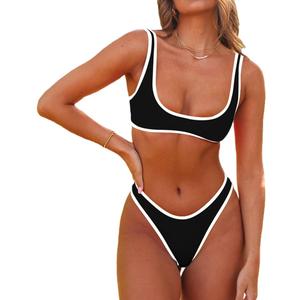 SherryDC Women's Sexy Scoop Neck Bikini Sets Color Block High Cut Thong Brazilian Two Pieces Swimsuit Bathing Suit, Size: S