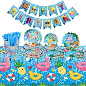 Lenwen 171 Pcs Pool Birthday Party Supplies Serves 24 with Summer Beach Tablecloth Happy Birthday Banner Plates and Napkins Hello Summer Tableware Set for Luau Hawaiian Pool Beach Party Decor