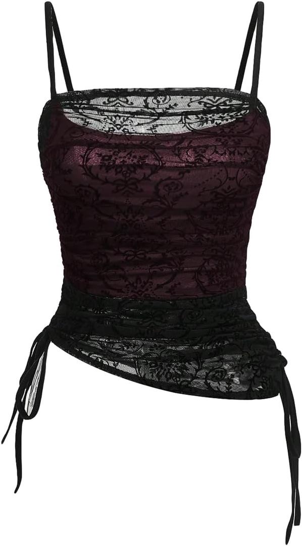 SOLY HUX Women's Ruched Lace Cami Top Drawstring Sleeveless Clubwear Sexy Gothic Tops Burgundy and Black X-Large