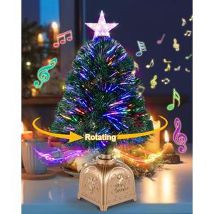 2FT Rotating Musical Tabletop Christmas Tree with Lights, Pre-Lit Green Fiber Optic Mini Xmas Tree with Spinning Music Base for Small Space Home Office Desk Holiday Decor