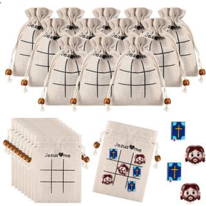Gerrii Christian Gifts Tic Tac Toe Game for Kid Religious Favors with Jesus Bible Pieces Burlap Drawstring Bags Inspirational for Students Sunday School Church Supplies(12 Sets)