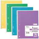 Mead Spiral Notebook, 4 Pack, 1 Subject, Wide Ruled Paper, 7-1/2" x 10-1/2", 70 Sheets per Notebook, Colors Will Vary (930200-ECM25)