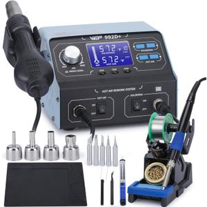 WEP 992D+ 2-in-1 Soldering Iron Kit and Hot Air Rework Station with 3 Preset Channels, LCD Display, Interchangeable Handles, Sleep Mode, X-2 Iron Holder, 5 Iron Tips, Desoldering Pump and Tweezers