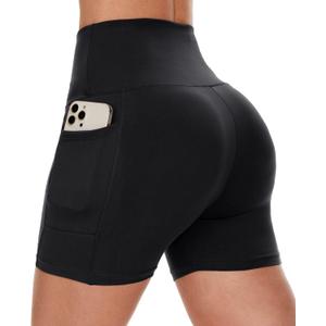 CAMPSNAIL Biker Shorts Women with Pockets - 5" High Waisted Workout Spandex Tummy Control Gym Running Yoga Shorts (Small-Medium, 1#black)