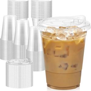 100 Pack - 16 oz Clear Plastic Cups with Lids, Sturdy & Food Safe Iced Coffee Cups with lids, Disposable Plastic Smoothie Cups for Cold Drinks, Sip Lids