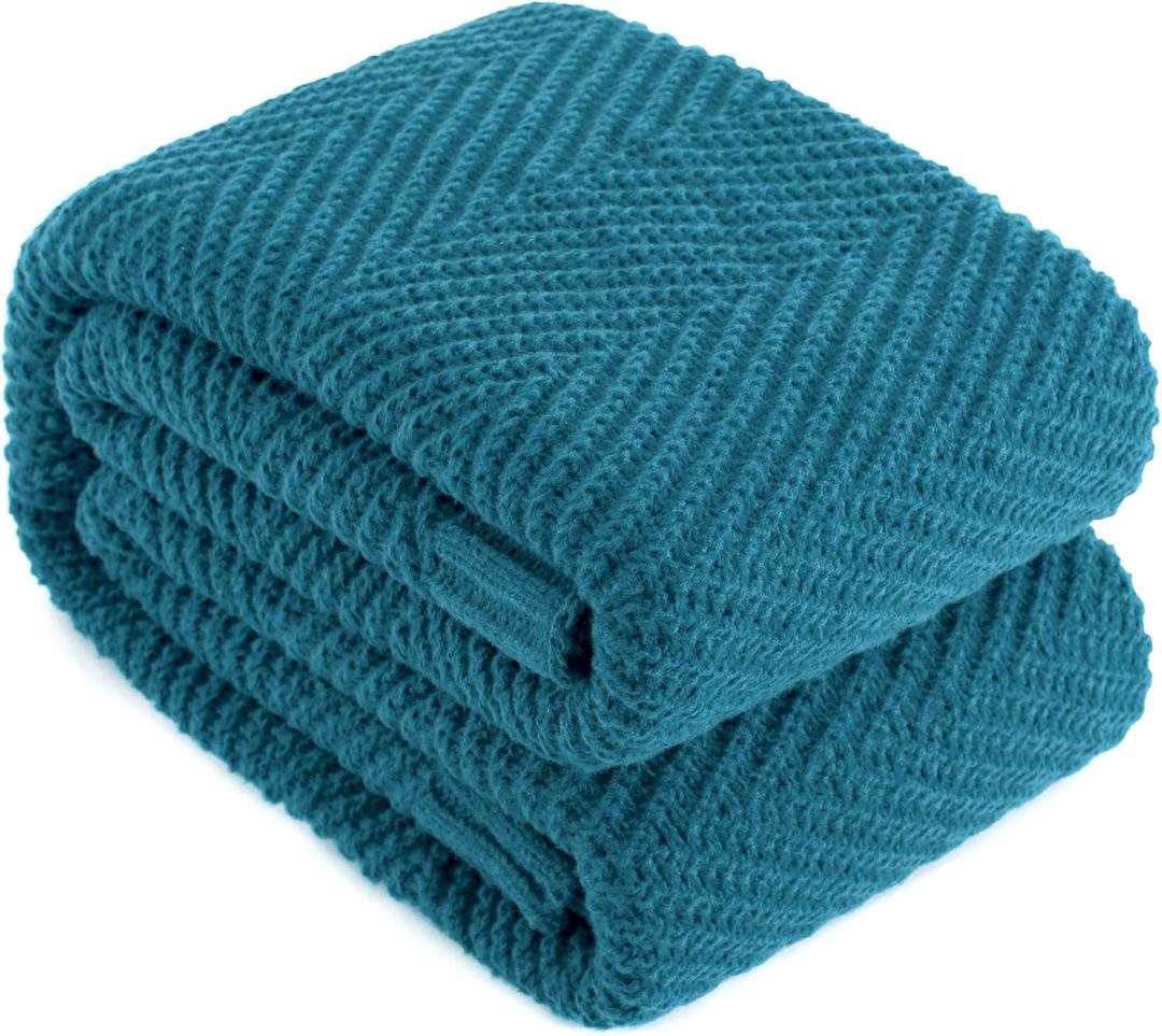 Knitted Throw Blanket 50"X60", Teal Knit Throws for Bed, Super Soft Boho Chevron Blankets for Couch Sofa Chair Room Decor, Textured Decorative Farmhouse Cozy Lightweight