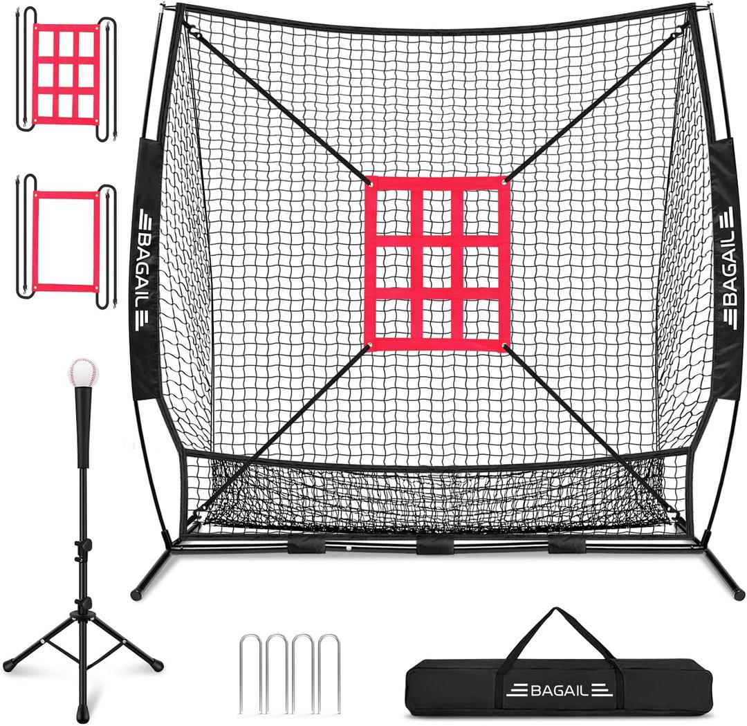 BAGAIL 7x7 ft Baseball & Softball Practice Net with Bow Frame for Batting, Hitting, Pitching, Portable Baseball Throwing Net with 2 Strike Zone Batting Tee, Carry Bag, Great for All Levels (Black)