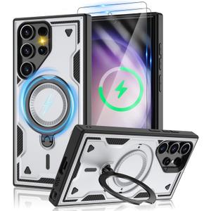 for Samsung Galaxy-S23-Ultra-Case with Magsafe & [HD Screen Protector2][Anti-Fingerprint], 360 Metal Rotated Kickstand,Military Grade Shockproof Protective for Galaxy S23 Ultra Case,Gray