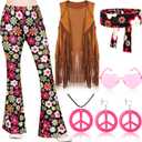 Jenaai 7 Pcs Kids 60s 70s Hippie Outfits for Girls Costume Set Boho Flared Pants Hippie Outfits Accessories Set (Medium)