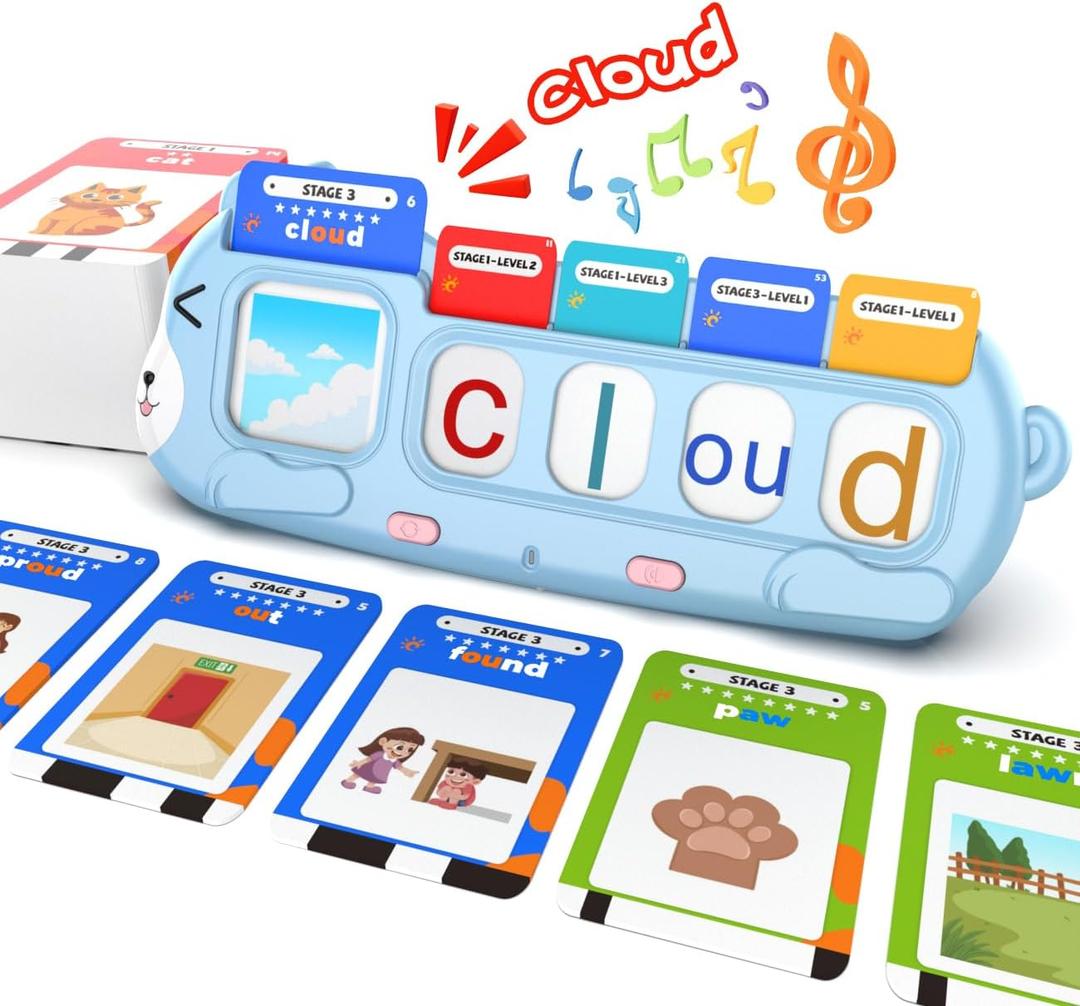QuTZ Phonics Learning Toy for Preschool Kids  Talking Flash Cards with Sound Machine, Word Blending & Math Games  Educational Reading & Counting Activity Set 4-8 (Blue)