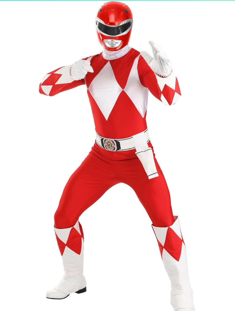 Adult Deluxe Red Ranger Costume | Authentic Power Rangers Classic Red Leader Men's Jumpsuit, Helmet, Boot Covers, Gloves, Size XXL