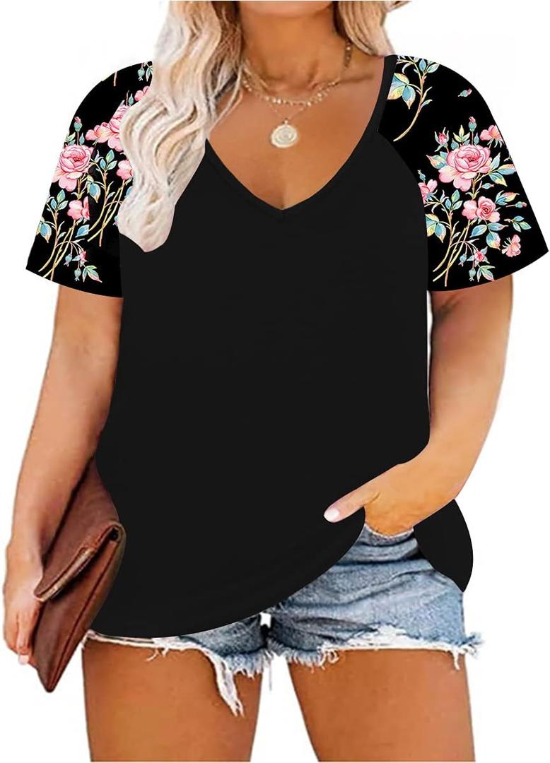 TIYOMI Plus Size Tops for Women Short Sleeve Color Block Raglan Sexy V Neck Shirts Tunic Spring Summer XL-5XL 14W-28W (XX-Large, #6_t Black _ Pink Floral)