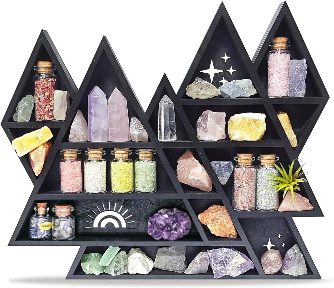 Mountain Crystal Shelf Display for Wall, Wooden Triangle Rock Gem Stone Storage Holder, Meditation Room Decor Spiritual Gift, Wall Hanging Organizer for Trinkets, Knick Knacks, Art Collections