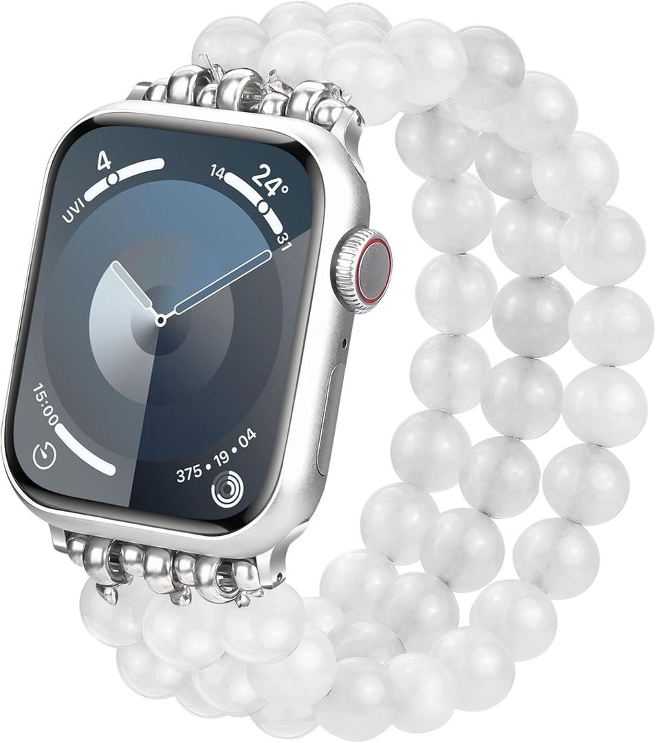 MOFREE Beaded Bracelet Compatible for Apple Watch Band 38mm 40mm 41mm Women, Fashion Handmade Crystal Beads Elastic Stretchy Charms Strap for iWatch Band Series SE 9 8 7 6 5 4 3 2 1 (White)